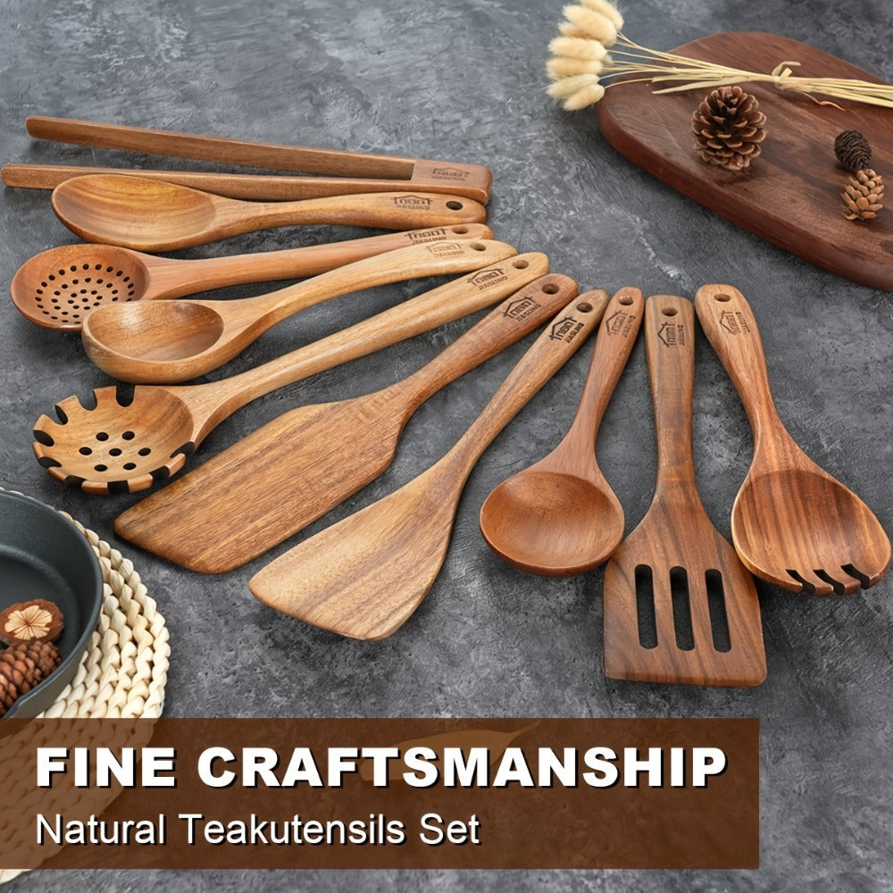 Wooden Spoons for Cooking 10 Pcs ¨C Teak Wood Kitchen Utensils Set, Non-Stick Safe Spatulas & Spoon Cooking Tools