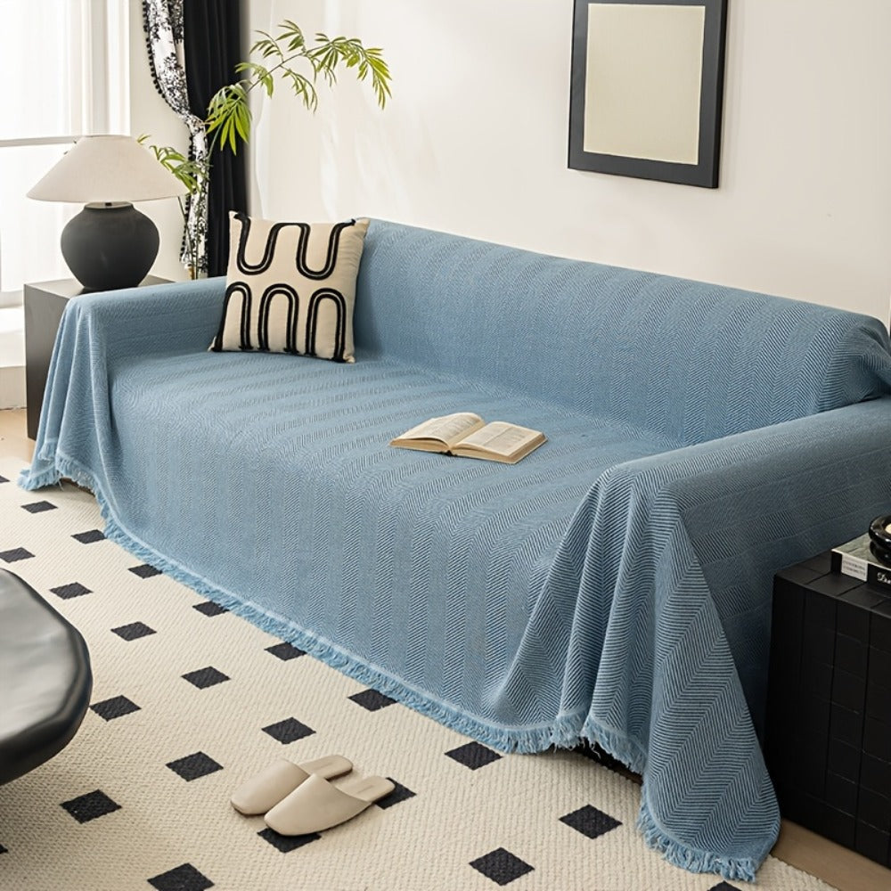 Herringbone Sofa Throw Cover with Tassels Jacquard Woven Solid Color Washable Polyester Sofa Blanket Slipcover for 3 4 Seater Couch Living Room - Grey Coffee Green Blue