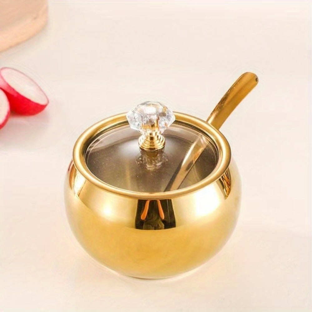 Golden Stainless Steel Seasoning Jar Set 2 or 3pcs Spice Containers with Lid and Spoon Serving Tray for Pepper Salt Spices Candy Coffee Beans Kitchen Organizer