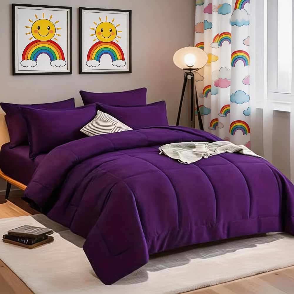 Comforter Set 7 Piece Bed in a Bag Full Queen King Soft Satin-Like Fabric with Fitted Sheet Flat Sheet Pillowcases Breathable Bedding Set for Bedroom Hotel