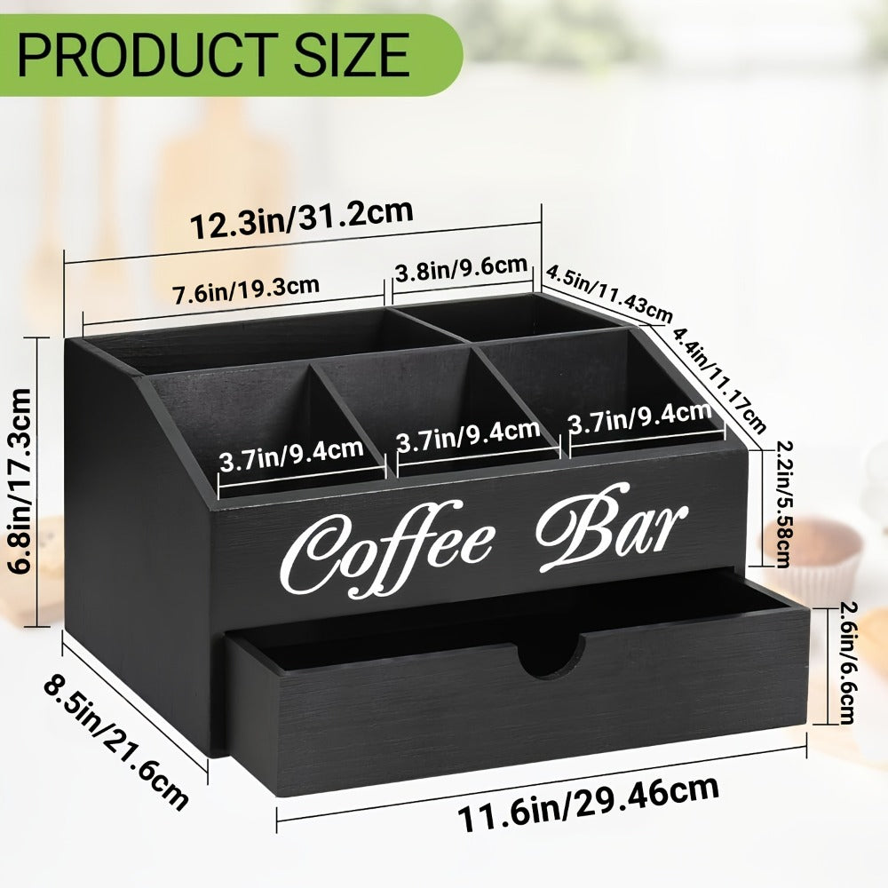 Coffee Bar Organizer with Drawer | Wood Countertop Coffee Station Organizer | 5-Compartment K-Cup Pod Holder Tea Condiment Storage | Rustic Farmhouse Coffee Bar Decor for Kitchen Counter