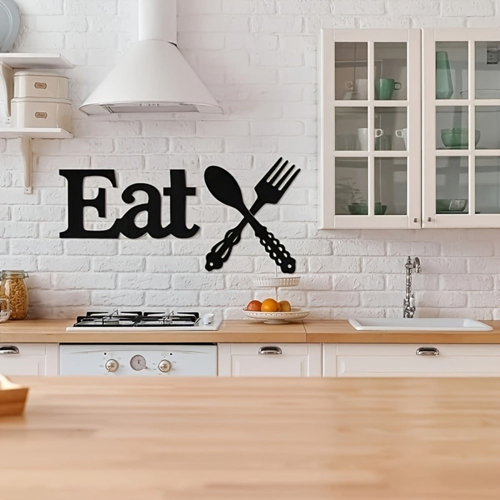 EAT Sign Wall Decor with Fork and Spoon | Rustic Wood Hanging Letters for Kitchen Dining Room | Country Farmhouse Wall Art Wooden EAT Decoration in Black