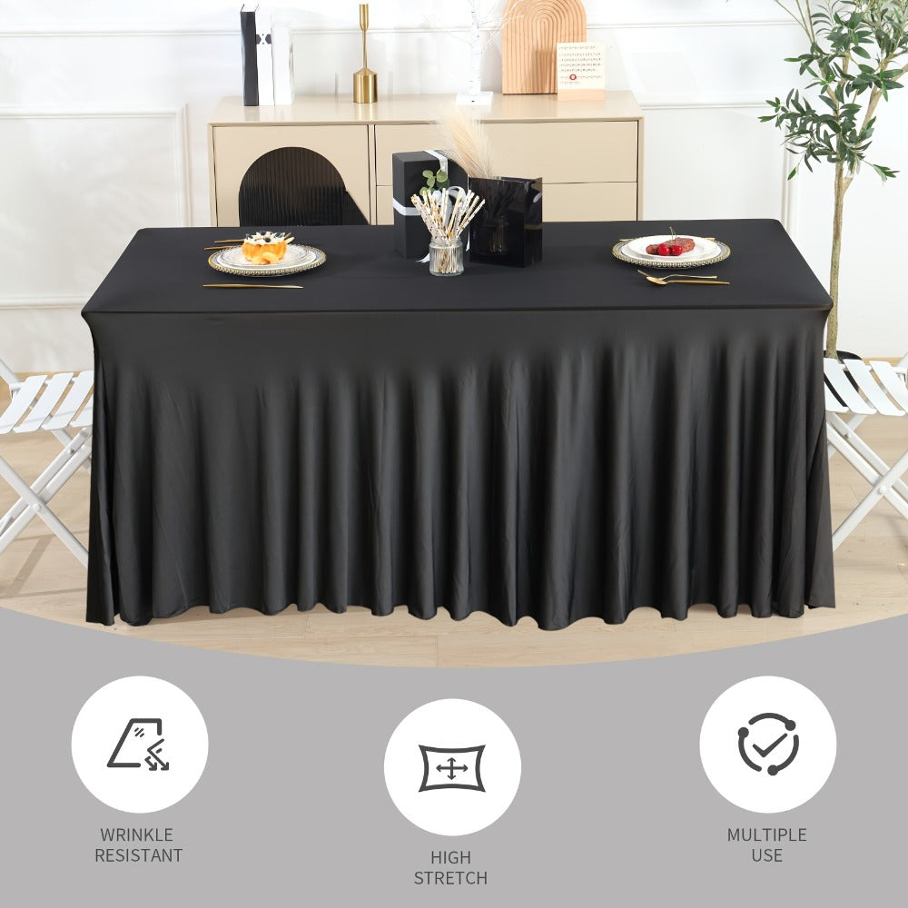 Spandex Table Skirt for Rectangle Tables 6ft, Black White Stretch Table Cover for Events Weddings Banquets, Washable Wrinkle Resistant