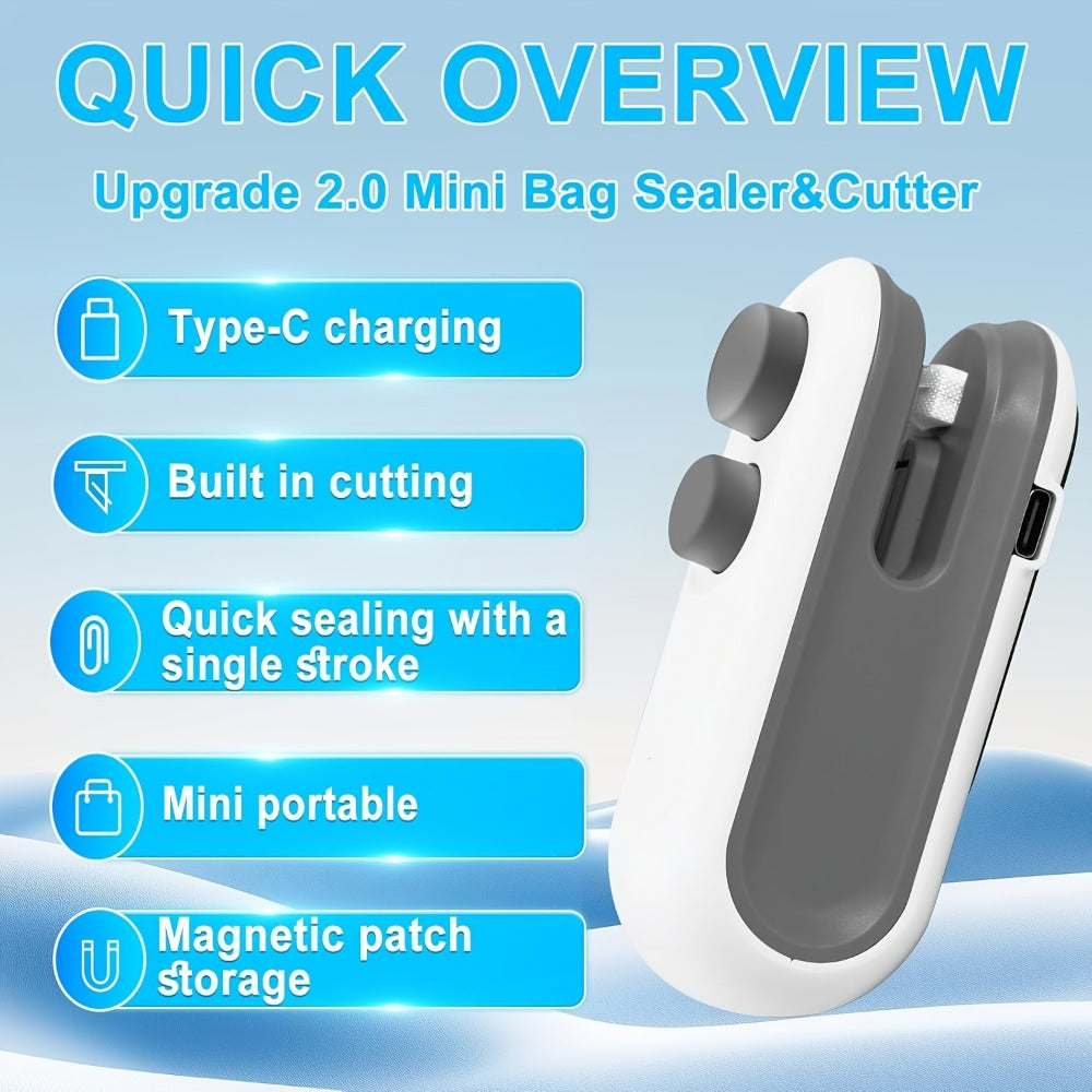 Mini Bag Sealer 2-Pack USB-C Rechargeable 2-in-1 Heat Seal with Cutter ¨C Magnetic Storage Bag Resealer for Plastic Snack Food Bags | Airtight Freshness Keeper Portable Kitchen Gadget White