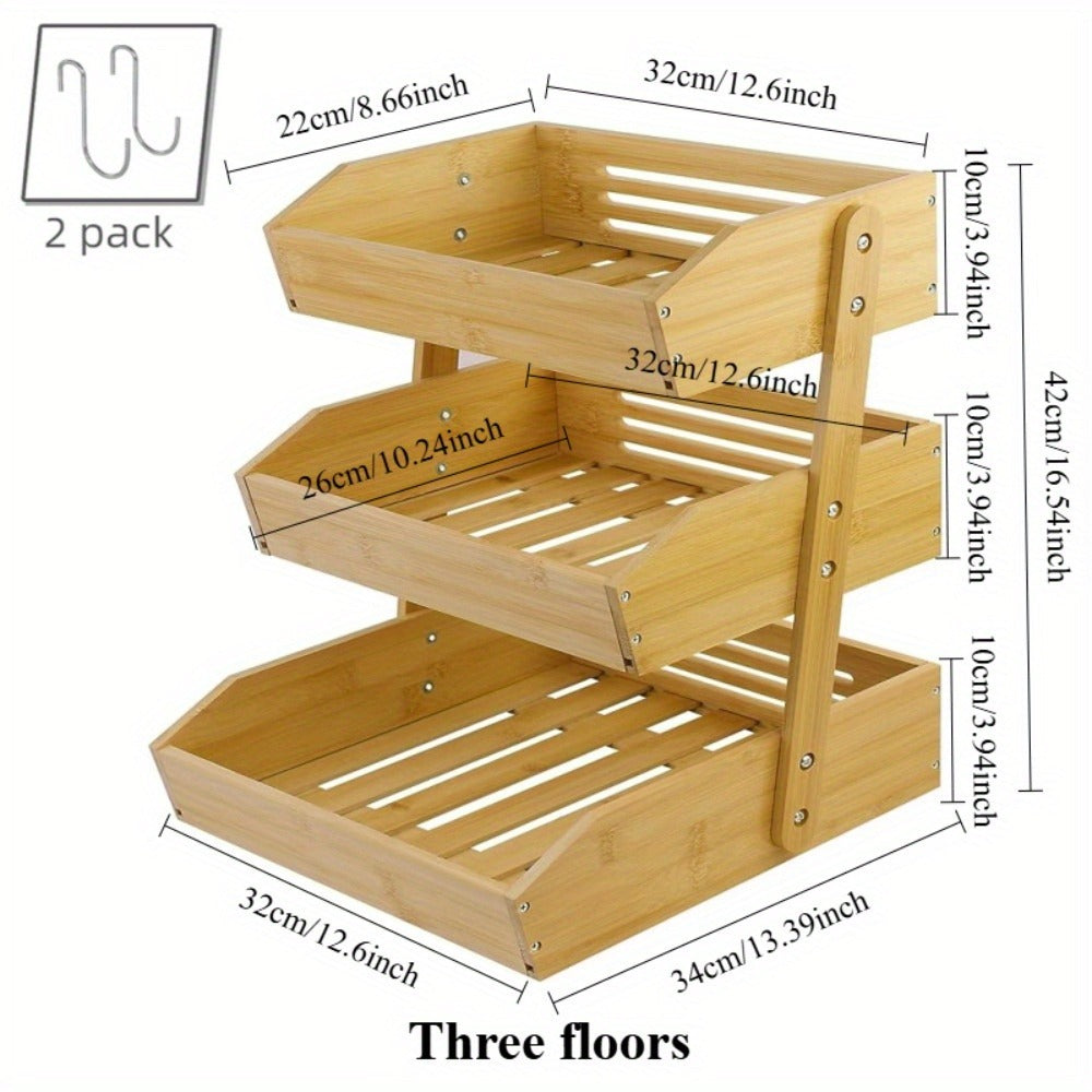 Bamboo Fruit Storage Rack 2-3 Tier with Hooks, Kitchen Counter Organizer for Fruits Vegetables Bread Spices, Freestanding Shelf Basket Display Stand