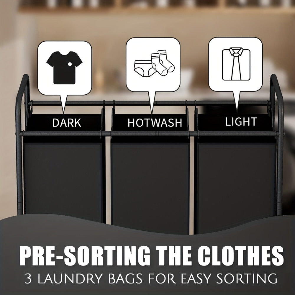 3-Bag Laundry Sorter Cart 63.4 Gallon ¨C Rolling Hamper with Lockable Wheels & Removable Bags, Heavy-Duty Fabric Laundry Basket for Bedroom & Laundry Room, Black Gray Beige Brown