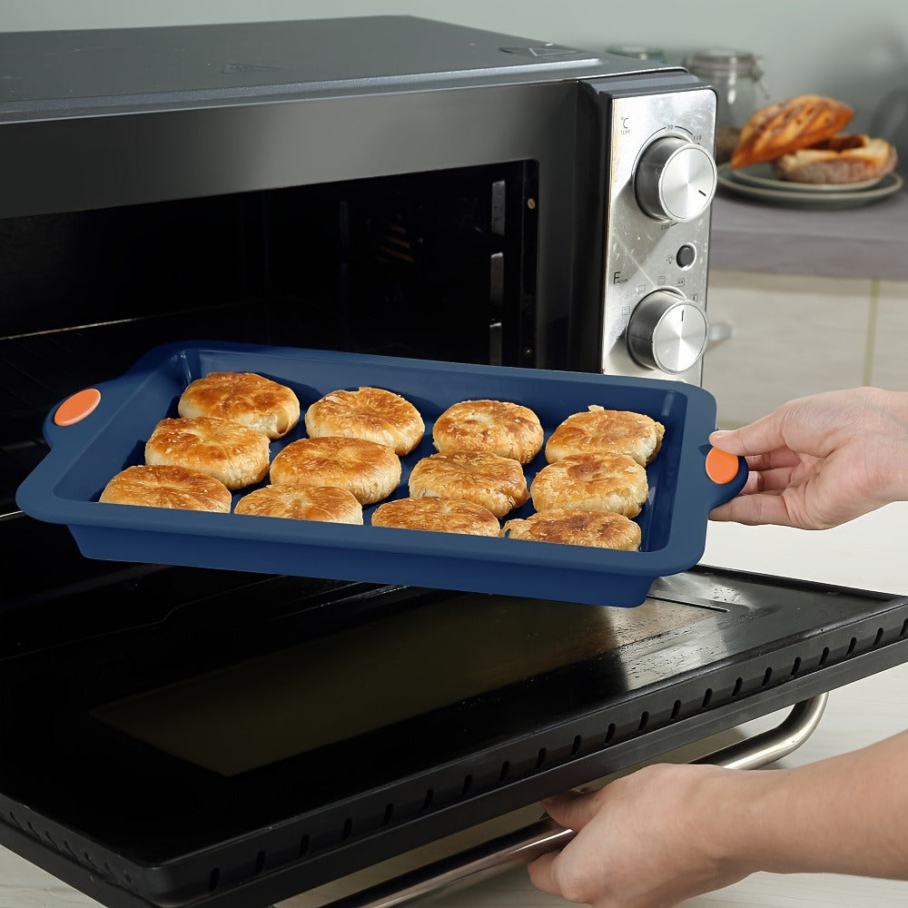 Silicone Baking Pans Set 4-Piece ¨C Nonstick Bakeware with Metal Reinforced Frame, Includes Baking Sheet, Cookie Sheet & Cake Pan with Grips, Oven Safe, Easy Release ¨C Navy Blue & Light Gray