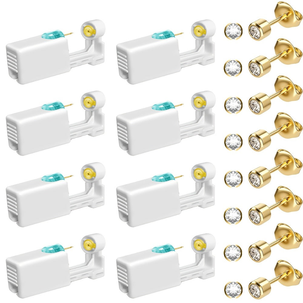 Disposable Ear Piercing Gun Set 8pcs - Stainless Steel Ear Stud Piercing Tool Kit, Safe Portable Self-Piercing Device with Hypoallergenic Earrings for Home Use, Silver & Gold