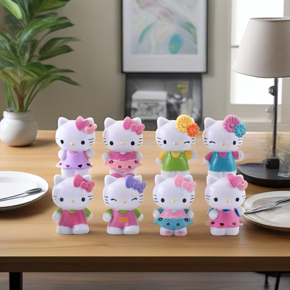 KT Cat Mini Figurine Set 8pcs | Cute Anime Desktop Ornaments Collectible Dolls | Car Dashboard Home Office Decor Gift for Birthday Valentine's Day Halloween Christmas
