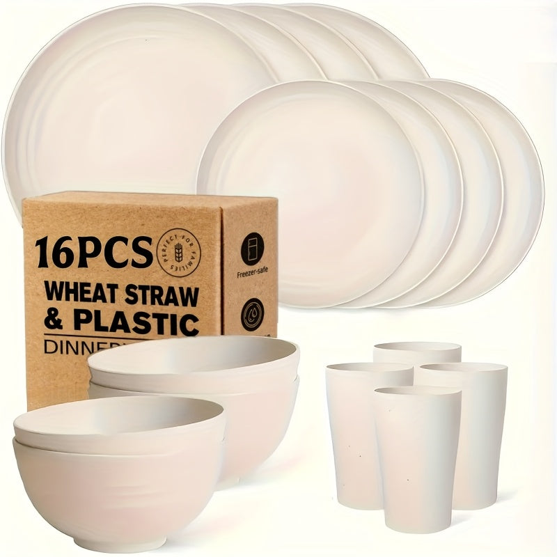 Wheat Straw Dinnerware Set 16 or 32 Piece ¨C Plates & Bowls for 4 or 8 People, Microwave & Dishwasher Safe Plastic Dish Set, Lightweight Colorful Tableware for Home, Party & Holiday