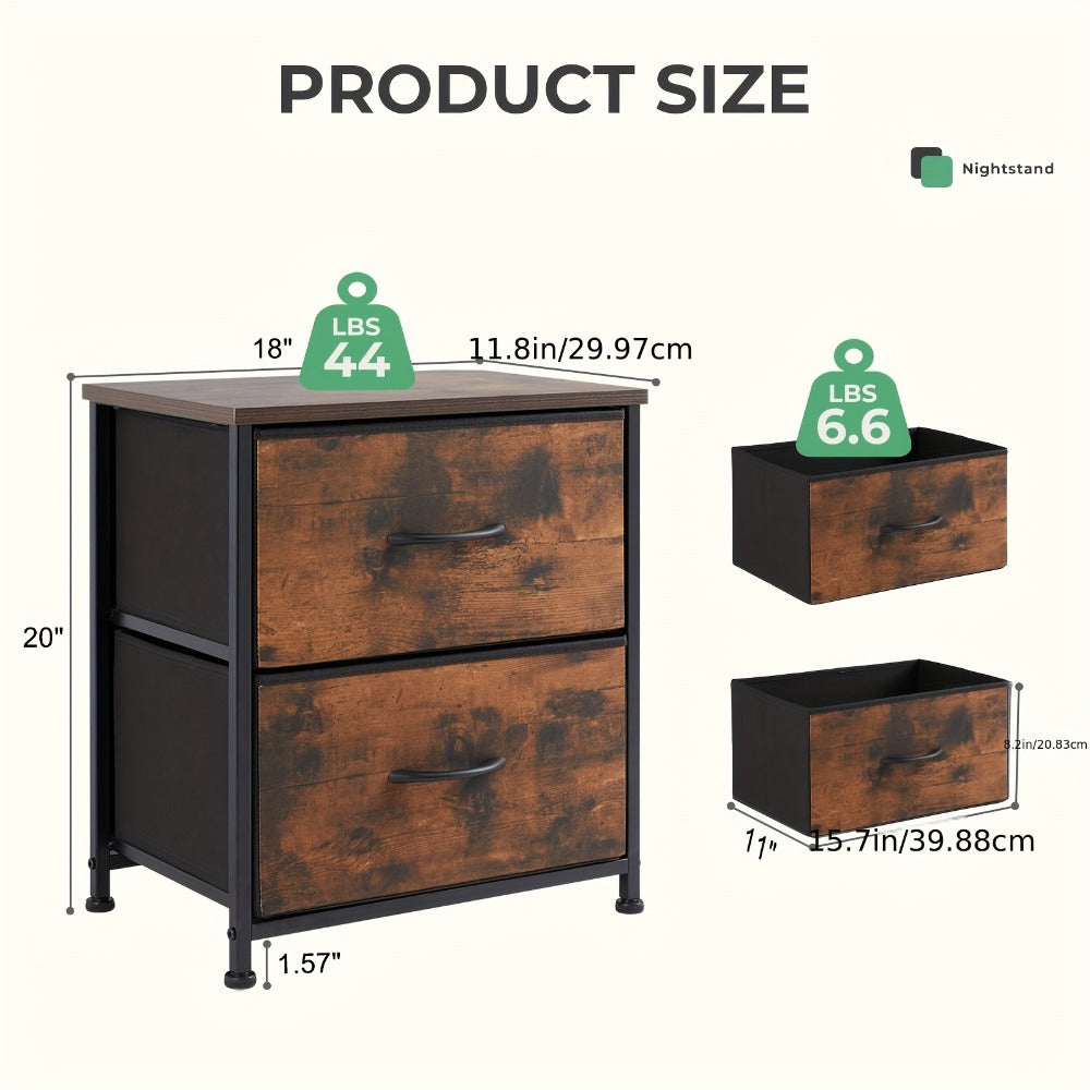 Nightstand with 2 Storage Drawers, 20¡± Bedside Table with Wooden Top & Fabric Cabinet, Steel Frame Mini Dresser for Bedroom, Dorm, Living Room ¨C 1pc or Set of 2pcs, Black White Grey Rustic Brown