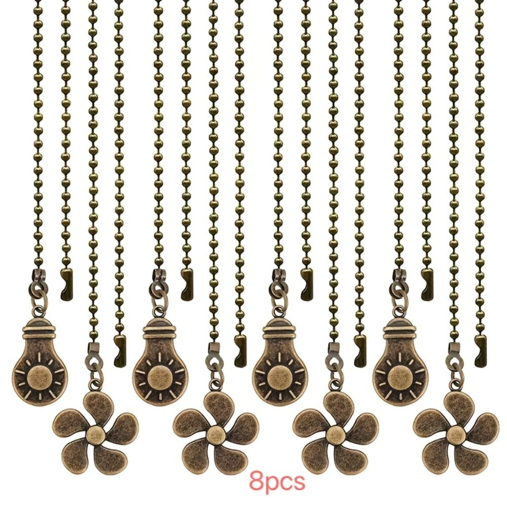 Ceiling Fan Pull Chain Extension Set of 8 - Decorative Bead Chain Pull Cord with Five-Leaf & Bulb Pendants, Iron Chain & Zinc Alloy, Bronze, Black, White, Red, Multi-Color, No Batteries Required