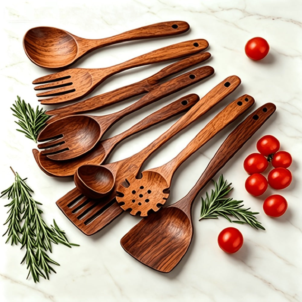 Wooden Kitchen Utensils Set ¨C Natural Wood Spoon Spatula & Wok Spatula with Ergonomic Handle, Heat-Resistant Non-Stick Safe Cooking Tools, Easy to Clean Durable Kitchen Essentials (5 / 6 / 10 Piece Sets)