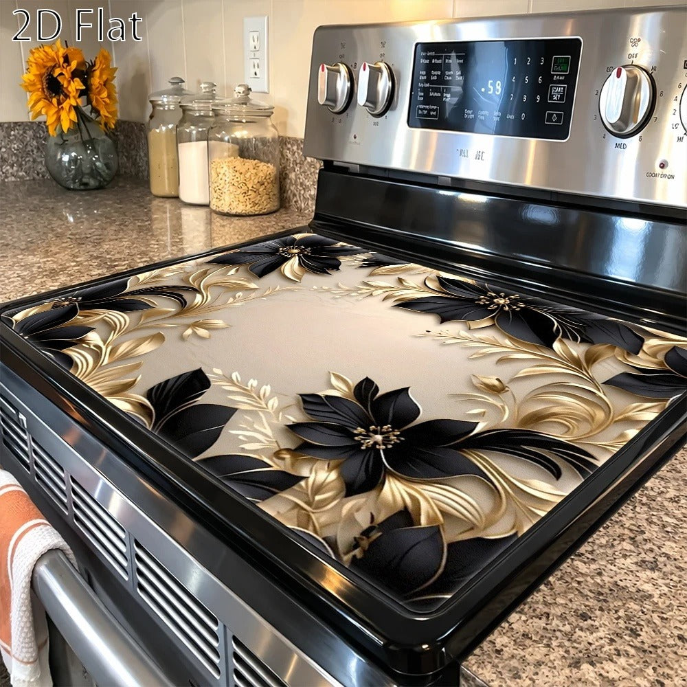Gas Stove Protector Mat Luxury Black Gold Floral | Heat-Resistant Stain-Proof Cooktop Cover | Reusable for Induction Cooker, Glass Cooktop, Oven & Washer Dryer Top