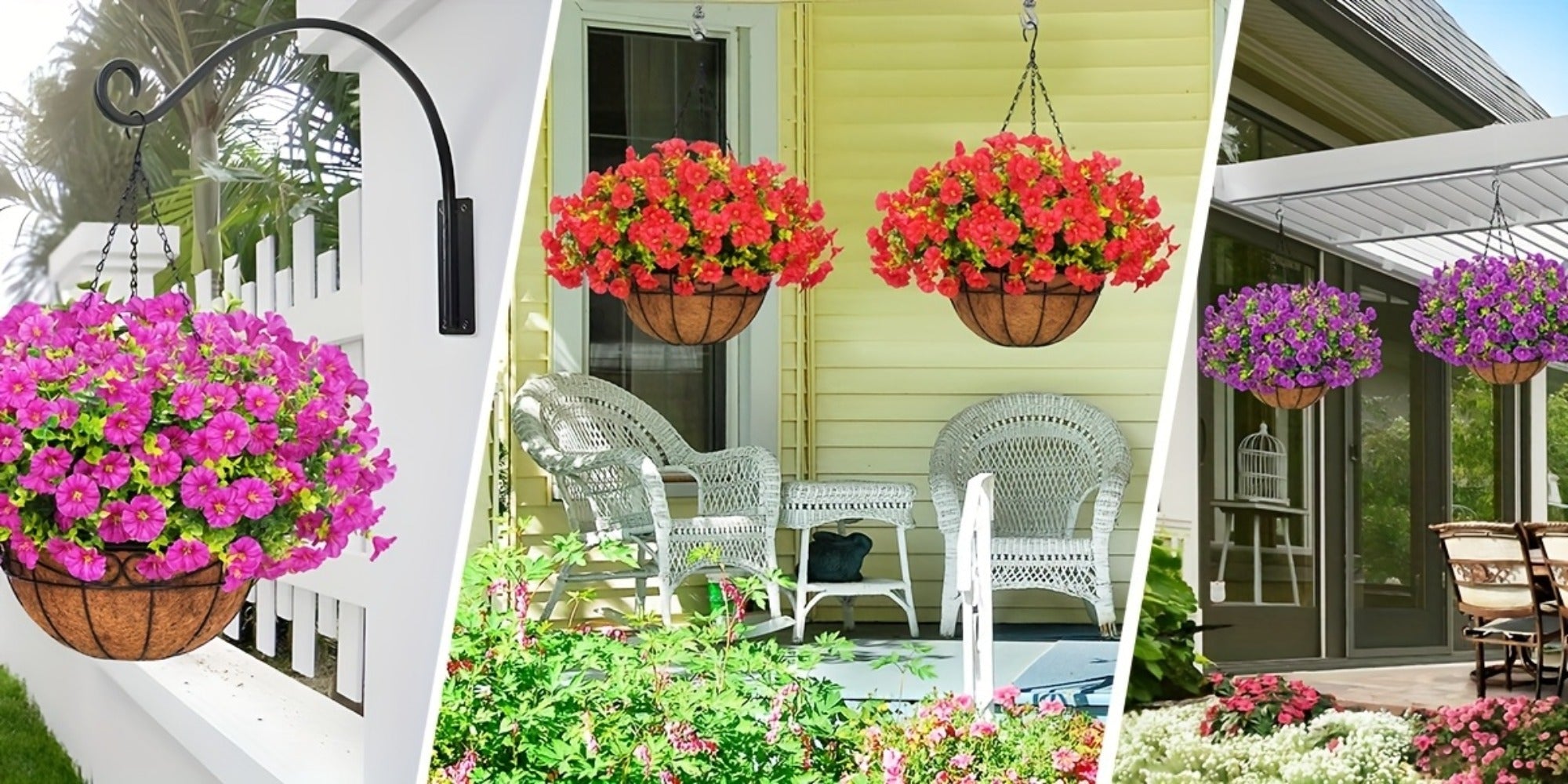 Artificial Hanging Flowers Outdoor UV-Resistant Fake Petunias with Planter Basket ¨C Realistic Faux Hanging Plants for Garden Patio Porch Balcony Railing Decor