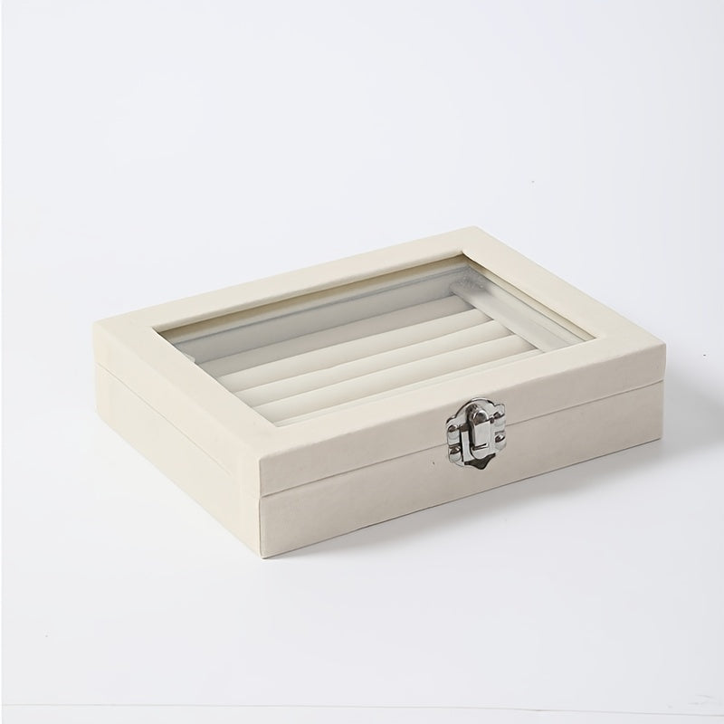 Jewelry Box with Locking Lid ¨C 49-Ring Capacity Glass-Like Plastic Ring & Earring Organizer, Large Rectangular Storage Case, Waterproof Anti-Tarnish, 4 Colors, Holiday Gift
