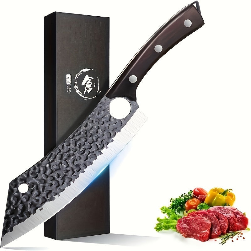 Butcher Knife 8 Inch Hand Forged High Carbon Steel Cleaver ¨C Meat & Vegetable Chopping Knife with Finger Hole, Wooden Handle