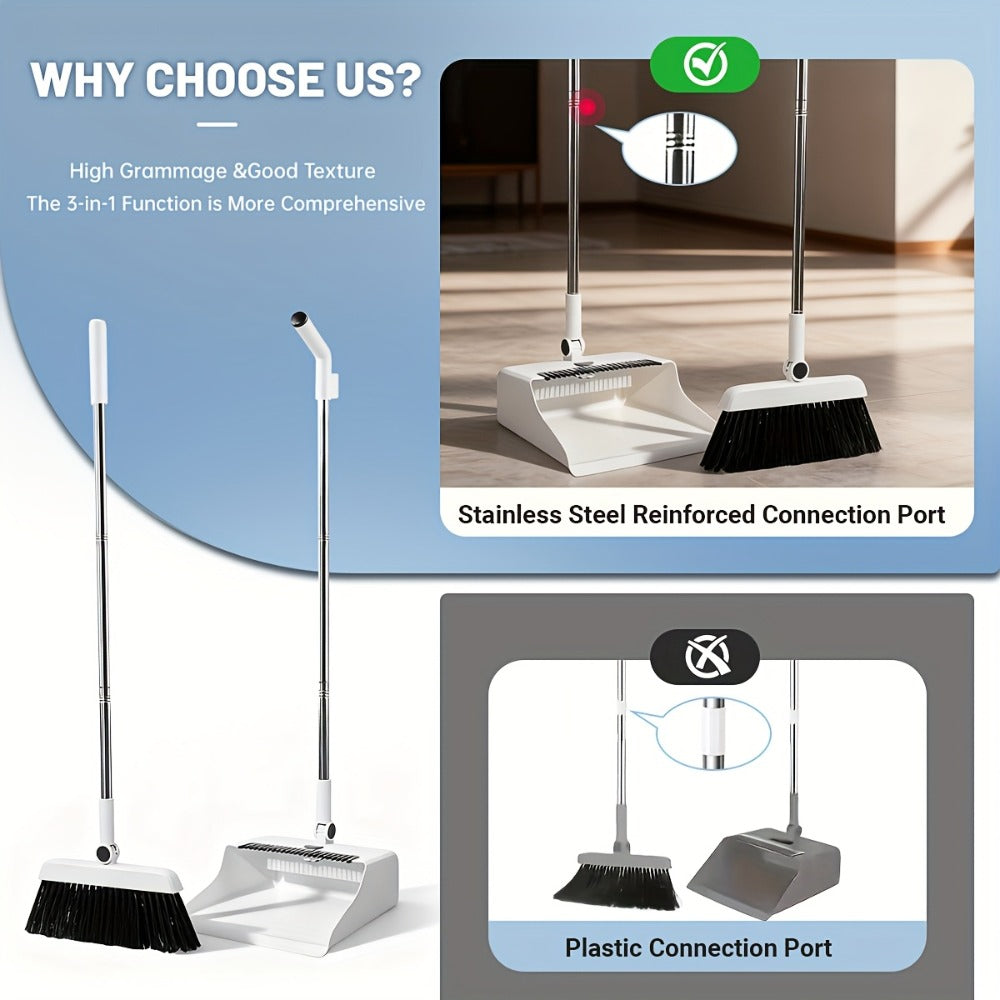Broom and Dustpan Set with Long Handle - 2-in-1 3-in-1 4-in-1 Foldable Broom Dustpan Combo with Floor Brush for Home Office Dorm Room, Quick Dust Removal Household Cleaning Tool Set, White Pink Blue Orange Purple Grey
