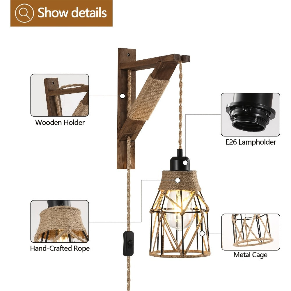 Plug In Wall Sconces Set of 2 or 1 ¨C Rustic Farmhouse Wall Lamp with Metal Cage & Wooden Bracket, Plug-Into-Outlet Hanging Light for Bedroom, Living Room & Headboard