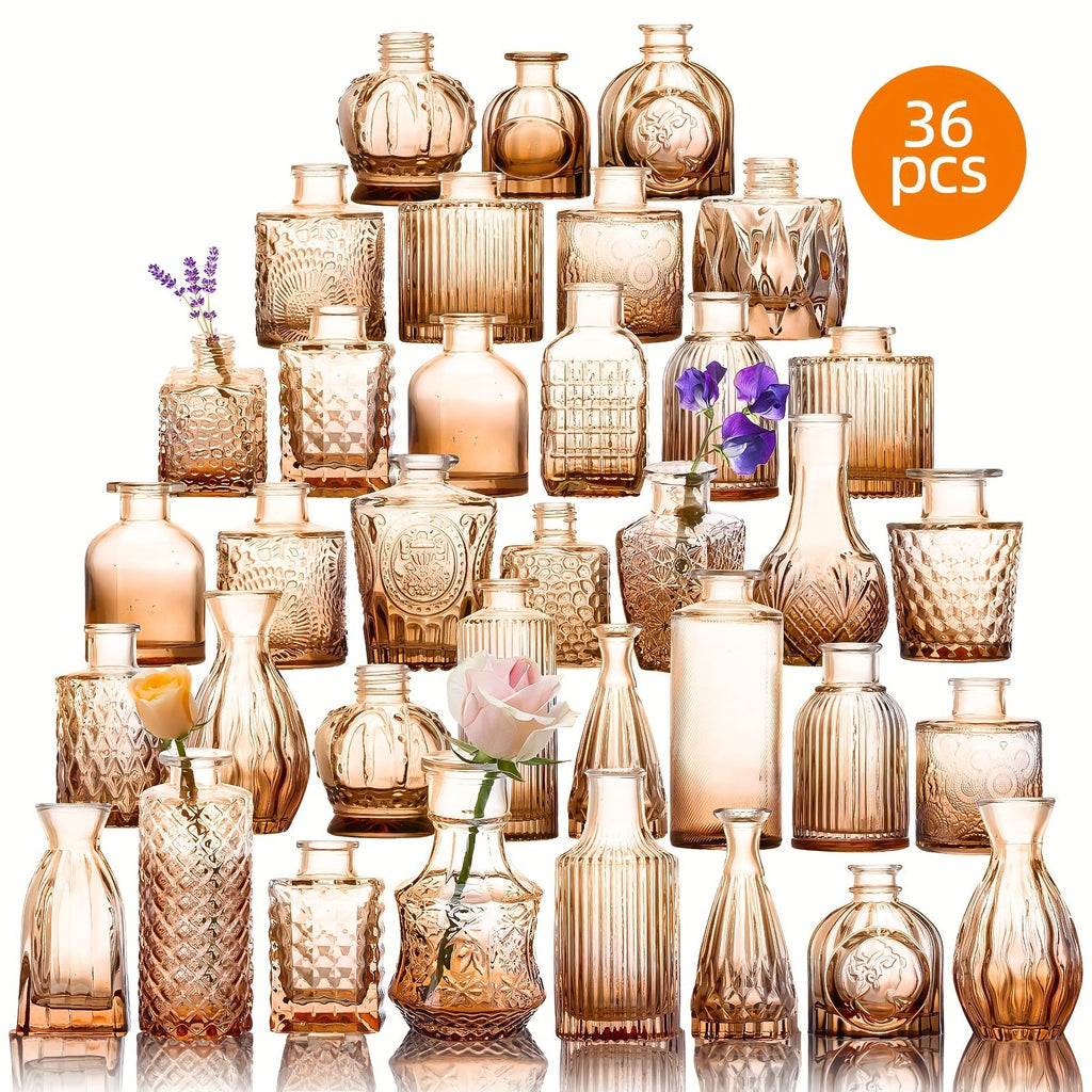 Amber Glass Bud Vase Set of 36 Small Vases for Flowers Mini Flower Vases in Bulk for Rustic Wedding Centerpieces Vintage Home Table Decor Halloween Christmas Multiple Sizes