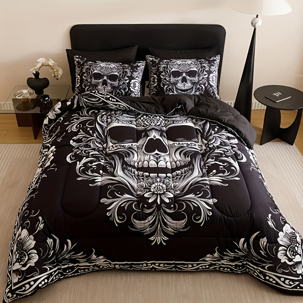 Skull Quilt Set 3pcs Gothic Victorian Comforter with 2 Pillowcases | Black Gray Digital Print Bedding Twin Full Queen King