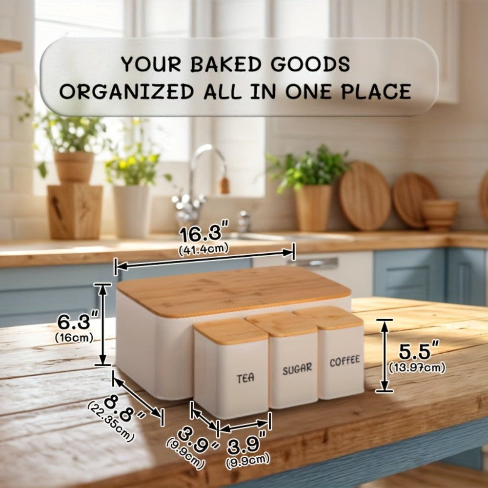 Bread Box with 3 Jars Set for Kitchen Countertop ¨C Metal Bread Box with Bamboo Board Cover, Coffee Sugar Tea Canisters, Large Capacity Farmhouse Food Storage Organizer