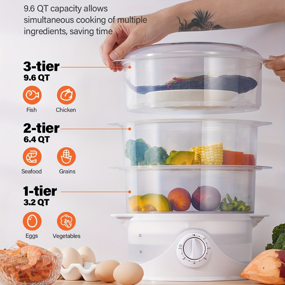 Electric Food Steamer 3-Tier 9.6QT Large Capacity, 800W Fast Cooking, 60-Min Timer, Boil-Dry Protection, Dishwasher Safe & BPA-Free ¨C Multi-Tier Steamer for Vegetables, Dumplings & Family Dinners
