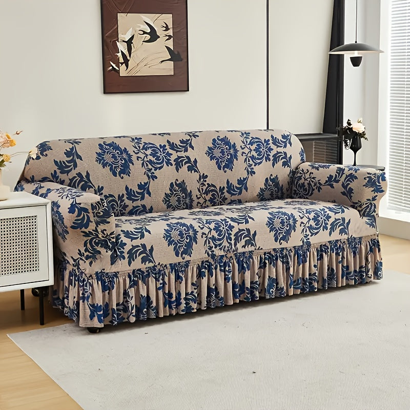 Stretch Sofa Cover with Skirt Design High Elasticity Anti-Slip Fixing Rod All Season Printed Slipcover Fits 1 2 4 Seater Sofa - Dark Blue with Matching Pillowcase