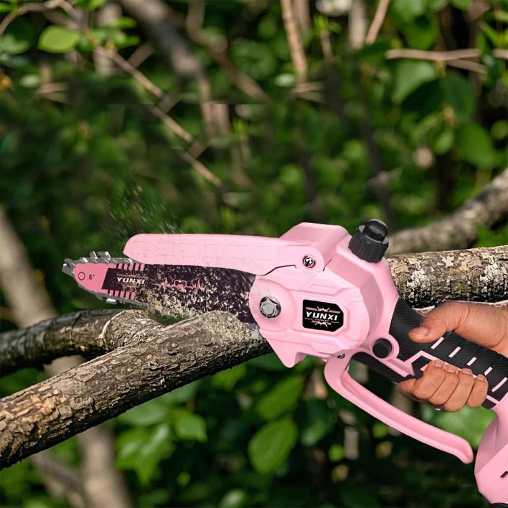Mini Chainsaw 6 Inch 21V Cordless Battery Powered | Handheld Electric Chain Saw for Tree Branch Trimming Wood Cutting | Lightweight Portable Pruning Saw Pink