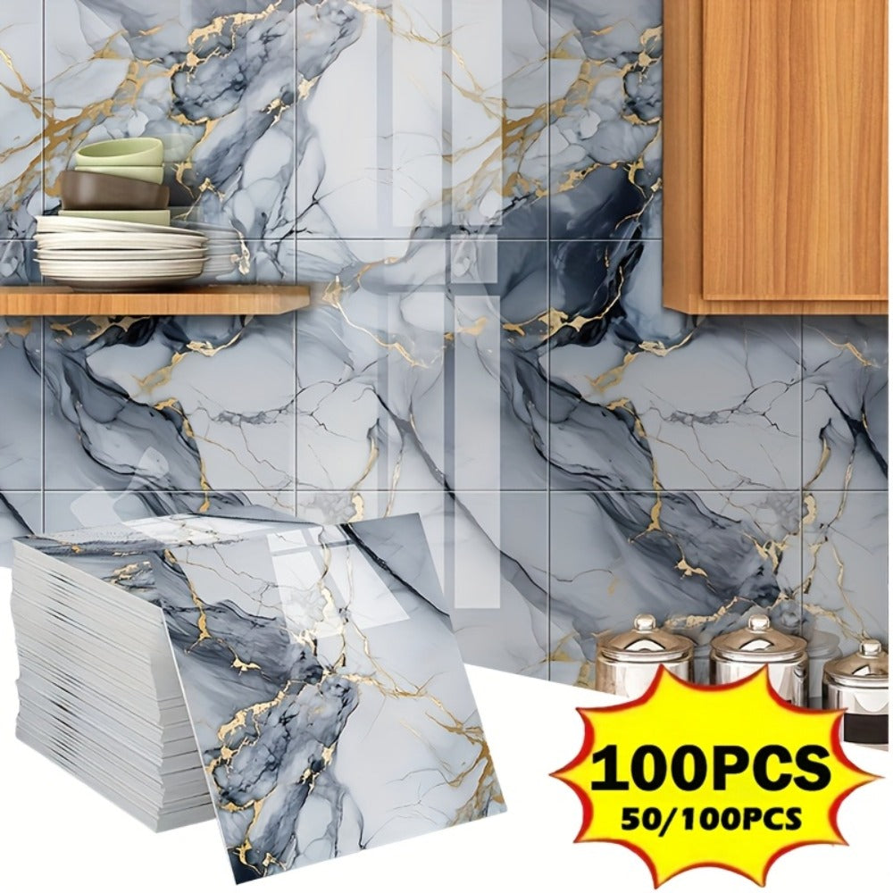 Peel and Stick Wall Tiles 50/100pcs Waterproof PVC Marble Self Adhesive Vinyl Tile Stickers for Bathroom Kitchen Living Room, TV Backdrop Shower Wall Panels Modern Home Decor Easy Installation