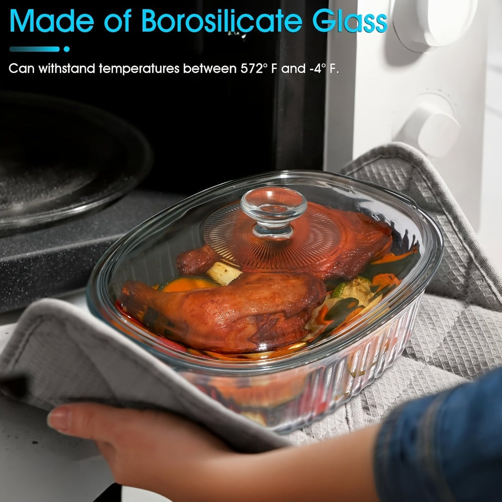 Glass Casserole Dish with Lid, Oval Ribbed Roasting Pan, Oven & Microwave Safe Covered Baking Dish, Transparent Deep Glass Cookware for Chicken Pasta Desserts, 50oz & 85oz Options