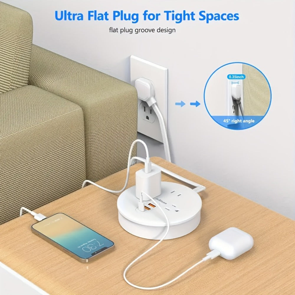 Travel Power Strip Retractable 4ft Flat Plug Extension Cord 3 Outlets 3 USB Ports 2 USB-C Compact Charging Station for Dorm Office Home Desk Travel