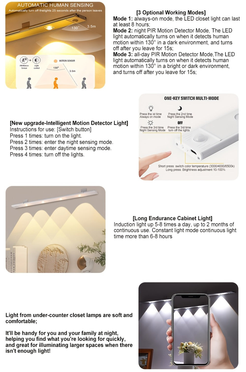 Motion Sensor LED Strip Light USB Rechargeable ¨C 3-Color Dimmable Wireless Night Light for Kitchen, Wardrobe, Cabinet, Shoe Cabinet & Bedroom (20cm / 30cm / 40cm / 50cm, 1 or 2 Pack)