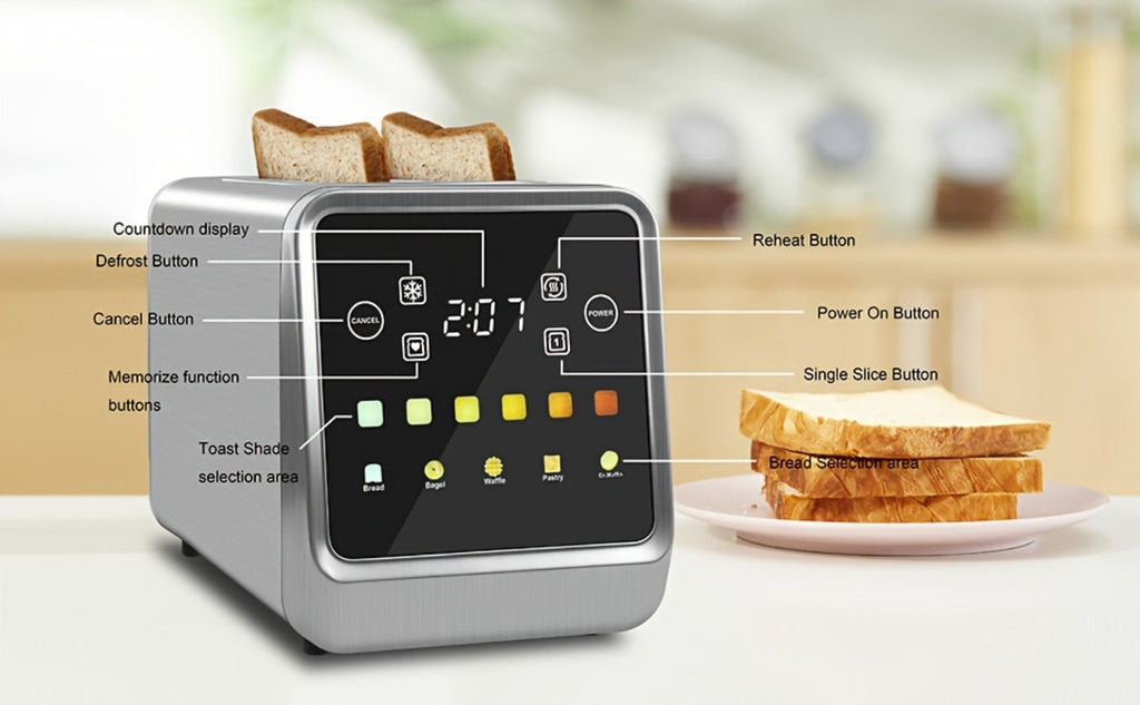 Digital Touch Screen Toaster 2 Slice Stainless Steel with 5 Bread Functions 7 Shade Settings Bagel Defrost Reheat Cancel Removable Crumb Tray LED Display Kitchen Toaster