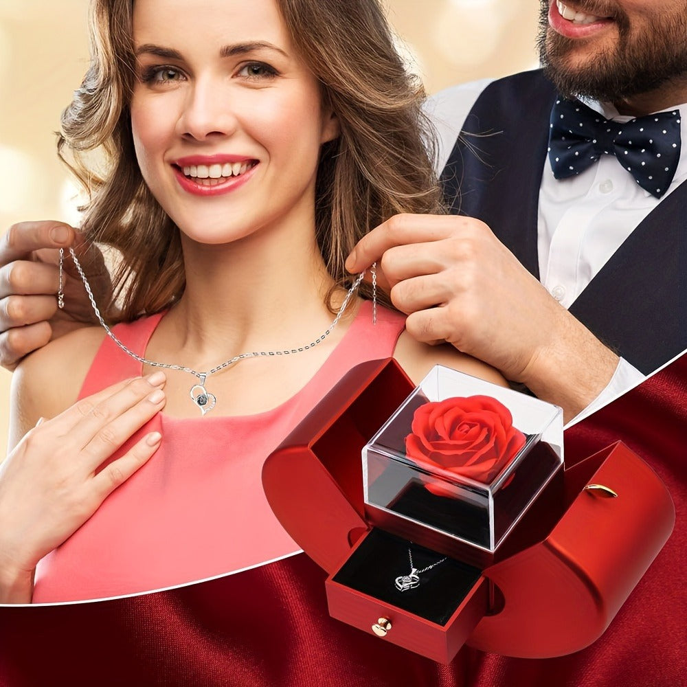 Preserved Real Rose Gift Box with I Love You in 100 Languages Necklace ¨C Romantic Gifts for Girlfriend Wife Mom ¨C Valentine's Day Birthday Mother's Day Christmas Gift Idea for Women