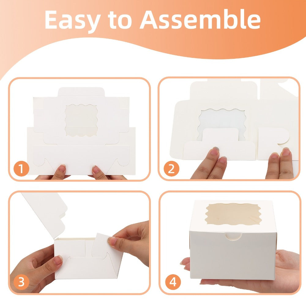 Treat Boxes 150pcs with Window | 4x4x2.5 Inch White Bakery Boxes | 3 Style Clear Window Gift Boxes for Dessert, Chocolate, Strawberries, Donuts, Cookies | Birthday Party, Wedding, Father's Day Packaging