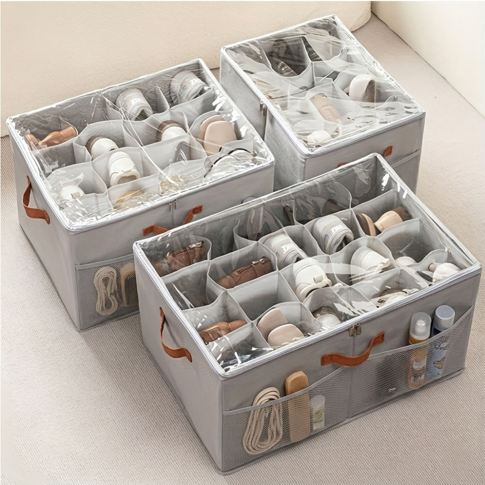 Shoe Storage Box 16-Pair, Clear Foldable Shoe Organizer with Flip-Top Lid & Reinforced Handles ¡ª Heavy-Duty Space-Saving Shoe Box for Closet, Bedroom & Entryway | Black & Grey | 1 or 2 Pack