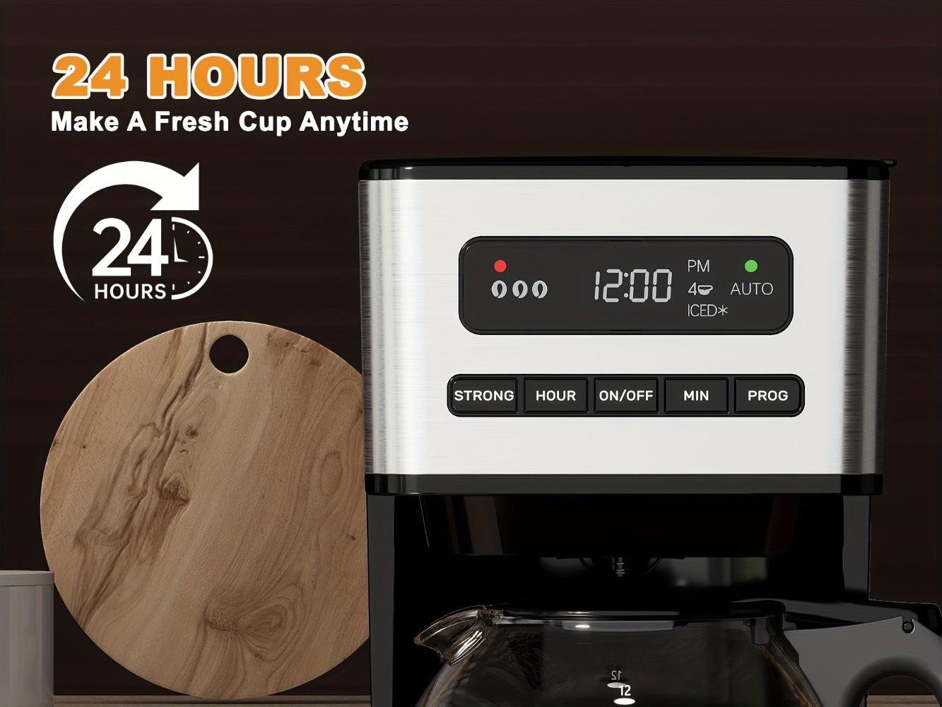 12-Cup Programmable Drip Coffee Maker, Regular & Strong Brew, Iced Coffee Setting, 1-4 Cup Mode, 24H Timer, Auto Shut-Off, Keep Warm, Pause & Serve, Black