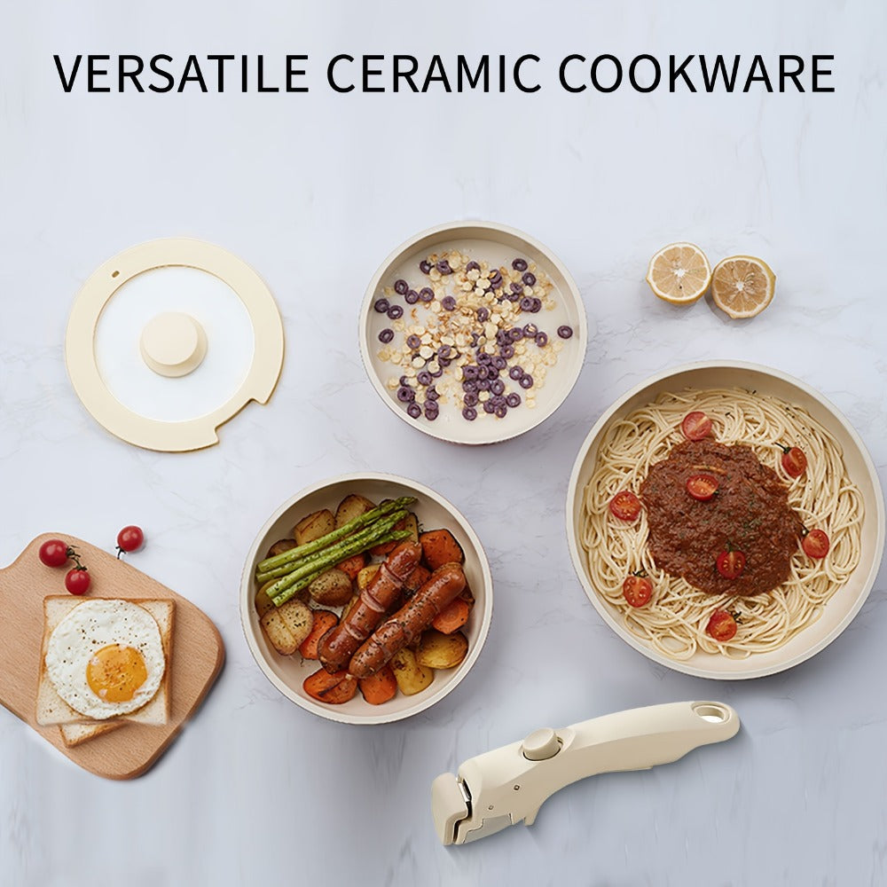 Nonstick Cookware Set 5-Piece Detachable Handle Aluminum Pots and Pans ¨C Space-Saving Stackable Induction Compatible | 8 & 10 Inch Frying Pan Soup Pot Universal Lid | White Pink Beige Coral Pink
