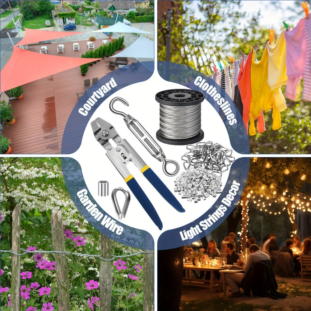 264Pcs Wire Rope Crimping Tool Kit 328ft ¨C Stainless Steel Hook Eye Turnbuckle Thimble Aluminum Crimping Sleeve for Outdoor Garden Railing String Light Hanging