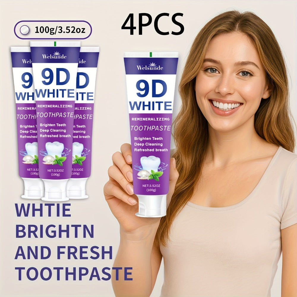 Whitening Toothpaste 4-Pack ¨C 9D White Alcohol-Free Formula, Thorough Deep Cleaning & Brighter Smile, Refreshing Mint Breath, Gentle on Gums, Travel-Friendly 100g, Oral Care Gift for Men & Women