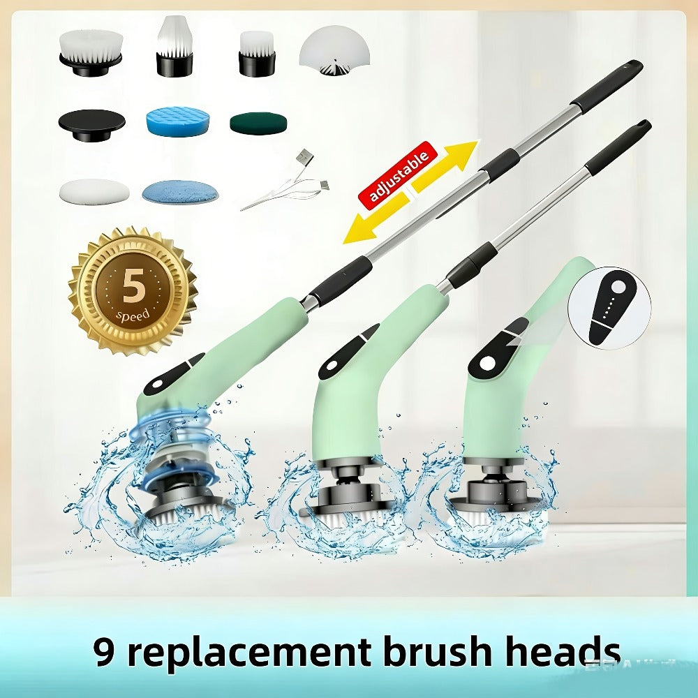 Electric Spin Scrubber with 9 Interchangeable Brush Heads 5 Speed Settings & 3 Extendable Handles - Power Scrubber for Bathroom Kitchen Tile Floor Carpet, Cordless Rotary Cleaning Brush Green White