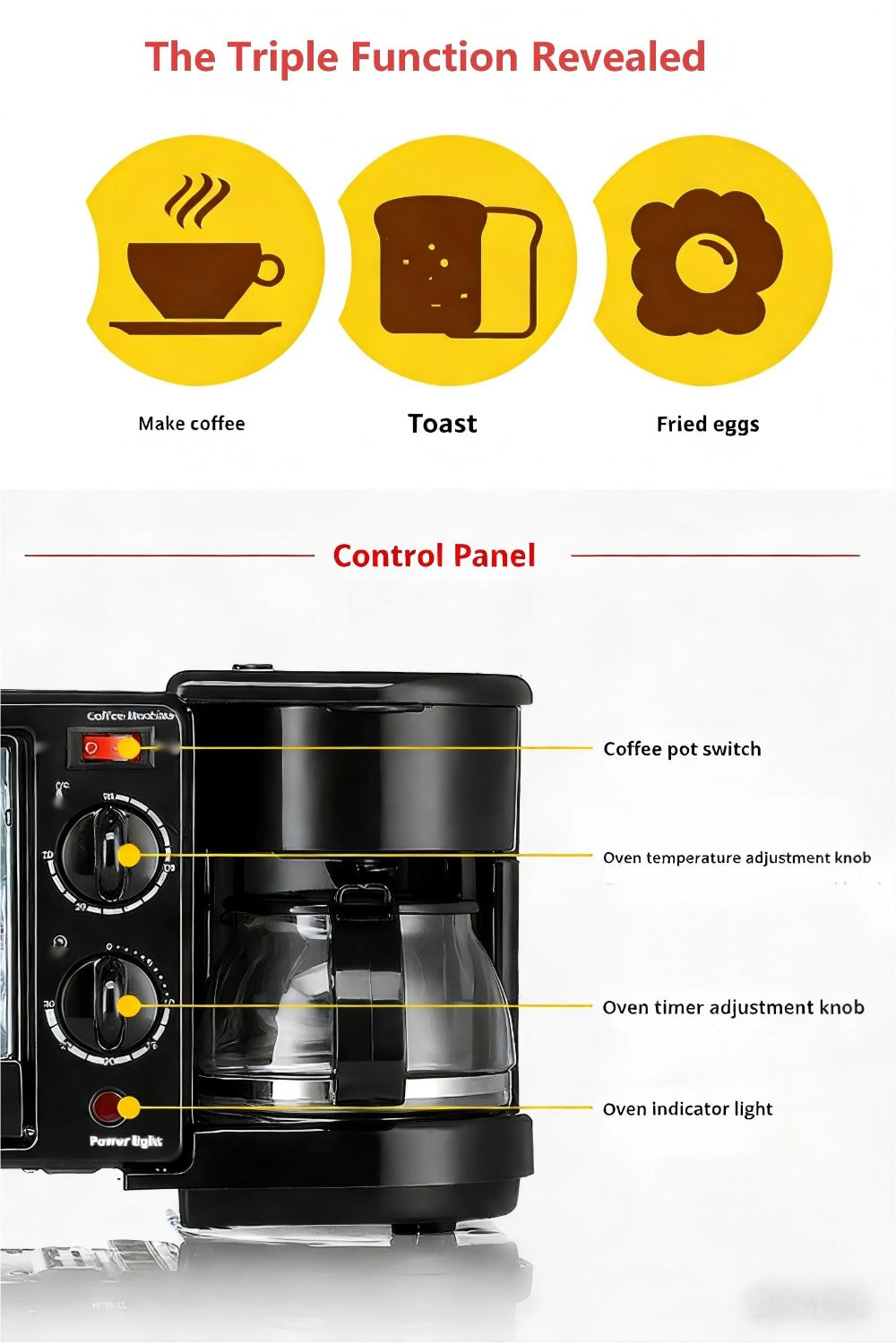 3-in-1 Breakfast Maker Station ¨C Fry Eggs, Toast Bread & Brew Coffee All at Once, Non-Stick Coating, Auto Power-Off Safety Timer, One-Click Operation for Fast Morning Meals