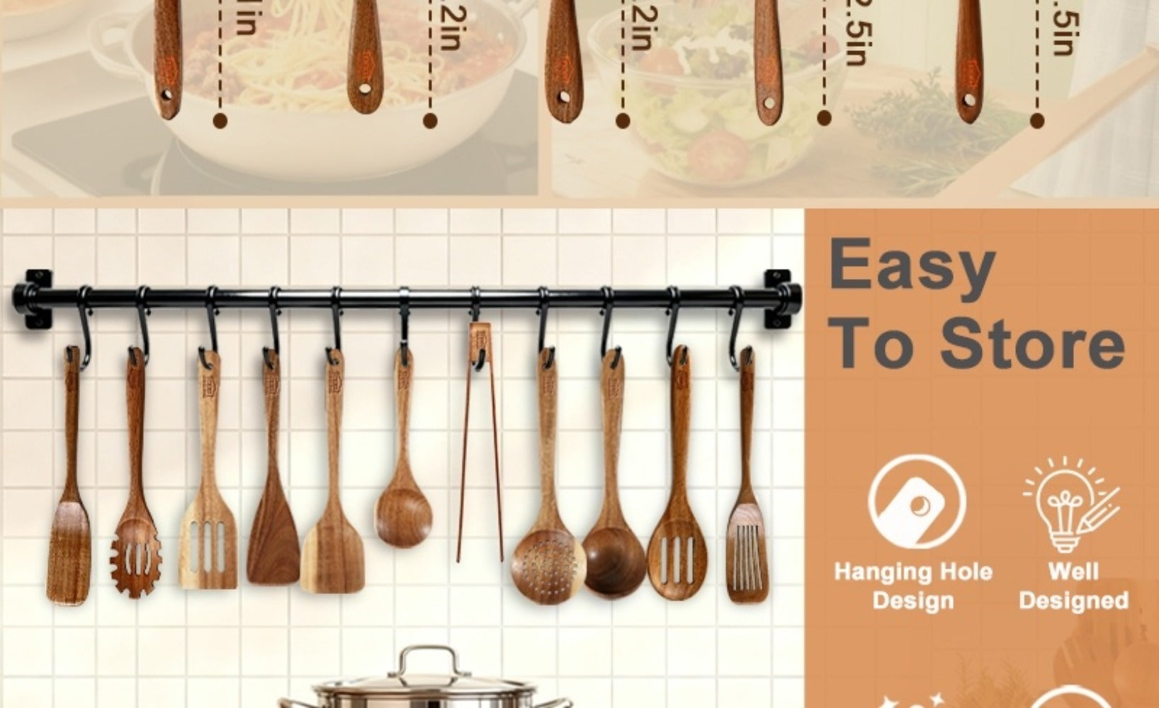 Wooden Spoons for Cooking 10 Pcs ¨C Teak Wood Kitchen Utensils Set, Non-Stick Safe Spatulas & Spoon Cooking Tools