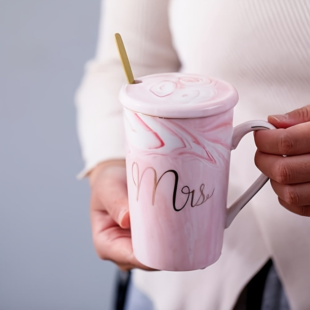 Mr and Mrs Mugs Wedding Gift Set 14oz Ceramic Marble ¨C Bride and Groom Couples Mugs | Bridal Shower Engagement Anniversary Gift | Reusable Grey Pink Couple Coffee Mugs