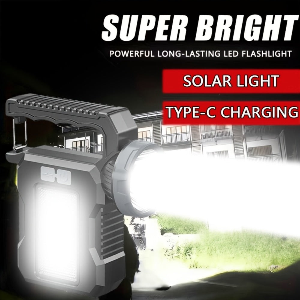 Solar Flashlight USB Rechargeable Ultra-Bright LED | 4 Lighting Modes Portable Solar Torch with Battery Indicator | Camping Hiking Emergency Night Fishing Outdoor Gift