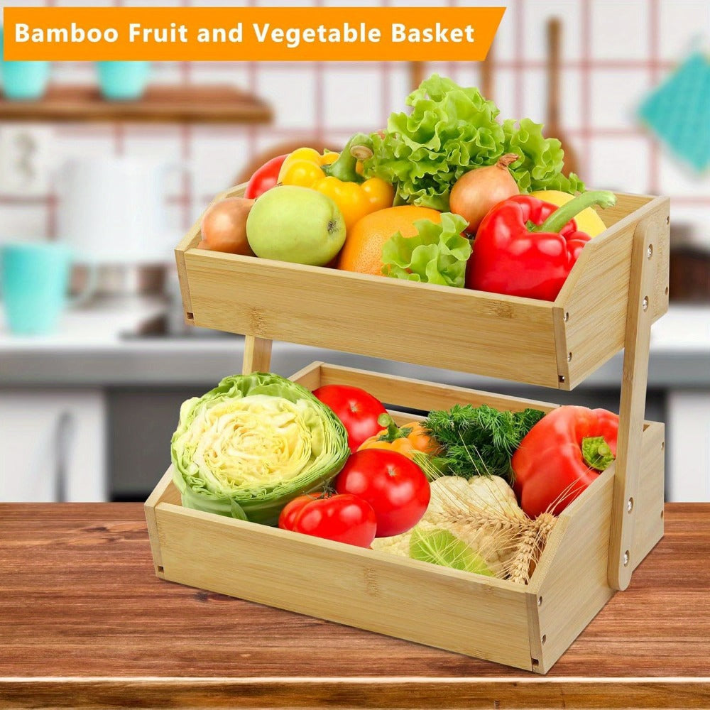 Bamboo Fruit Storage Rack 2-3 Tier with Hooks, Kitchen Counter Organizer for Fruits Vegetables Bread Spices, Freestanding Shelf Basket Display Stand