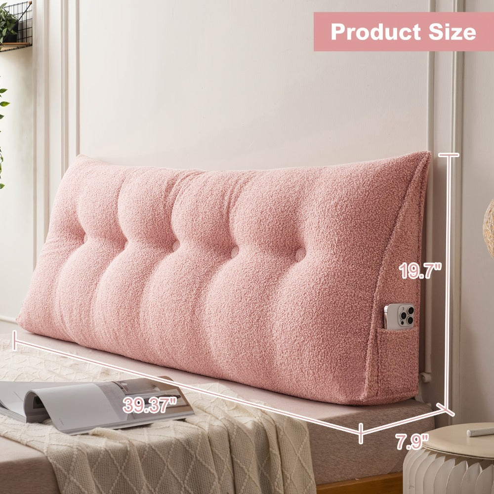Bed Wedge Pillow Headboard Pillow with Side Pockets Removable Washable Cover Teddy Velvet Reading Pillow Twin Queen King