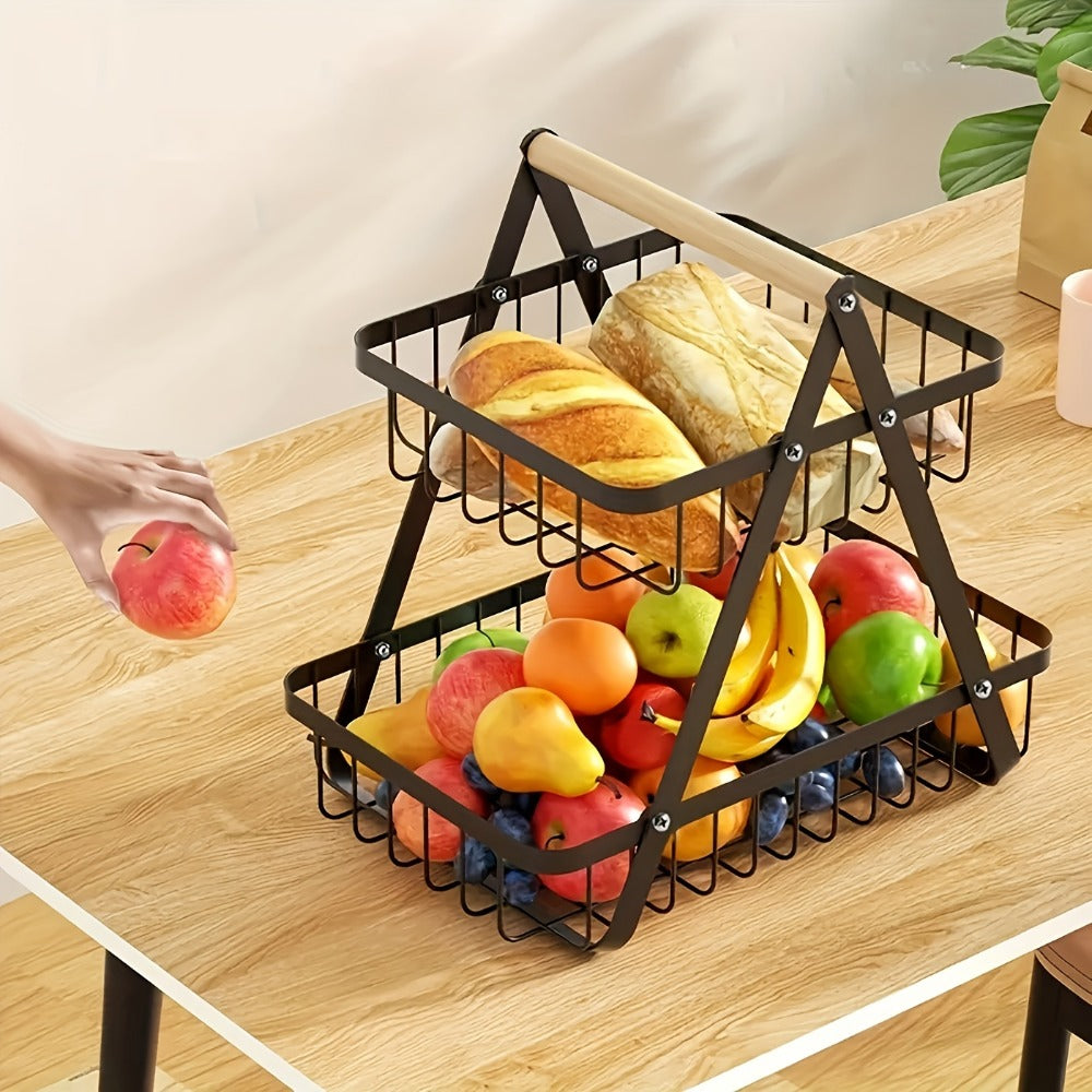 Metal Wire Bathroom Storage Basket with Wooden Handle Multi-Tier Countertop Organizer Detachable Fruit Basket Kitchen Pantry Bedroom Desk Organization