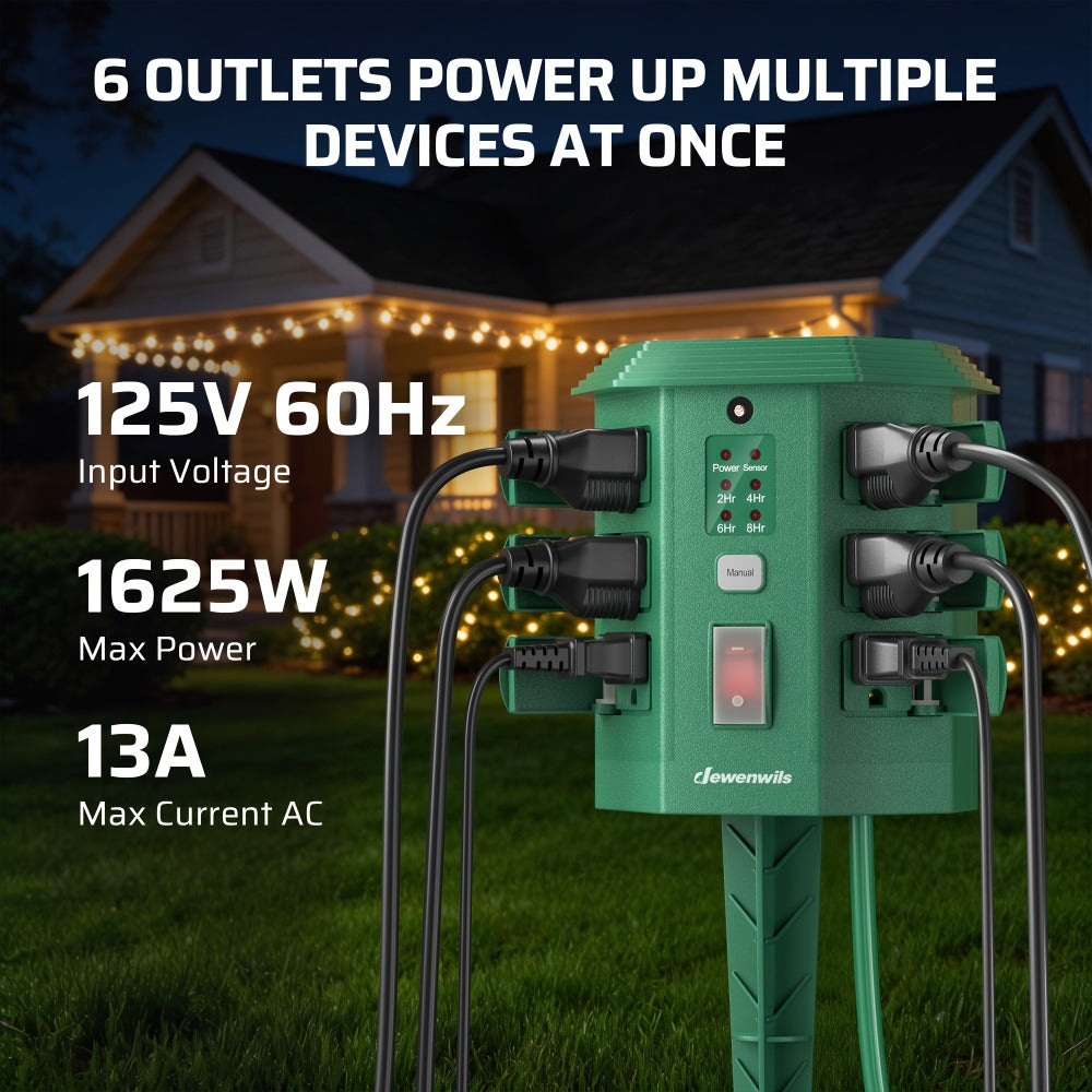 Outdoor Power Stake Timer 6 Outlet Weatherproof ¨C 100FT Wireless Remote Control, Dusk to Dawn Photocell Sensor, 7 Timer Modes, 6FT Cord, Overload Protection for Garden Yard Christmas Holiday Lights